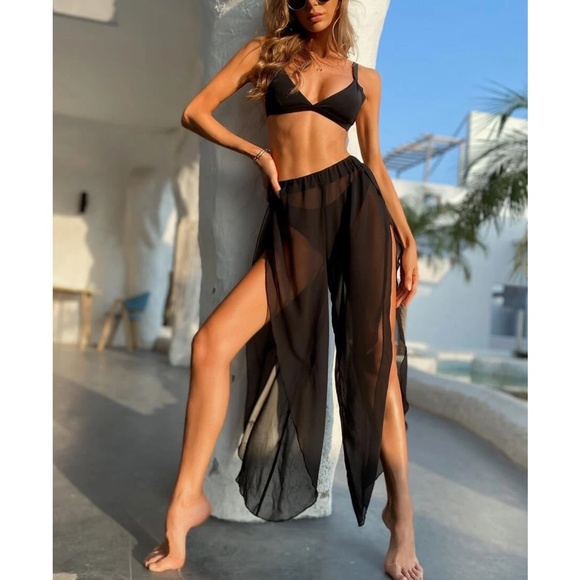 Swim Cover Up Sheer Pants Side Split Beach White - Picture 10 of 12